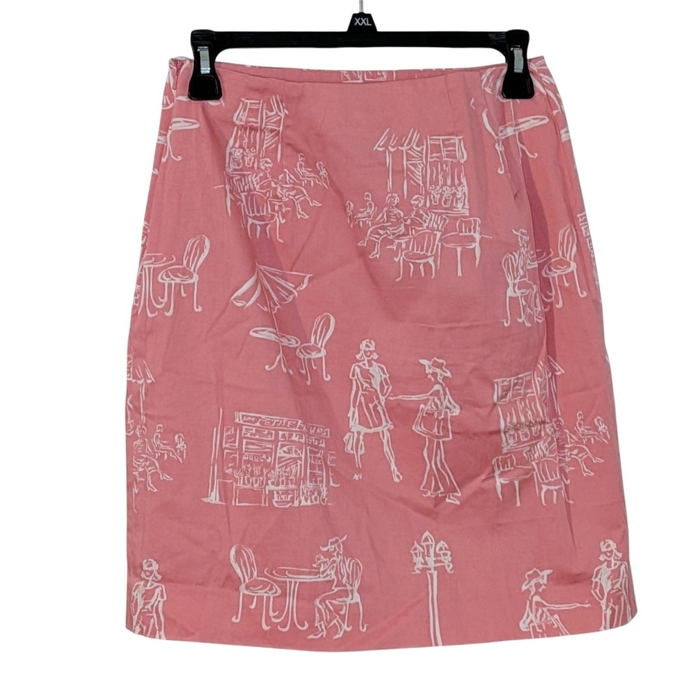Talbots Petites Pink Parisian Cafe Novelty Print Cotton Stretch Pencil‎ Skirt 6P